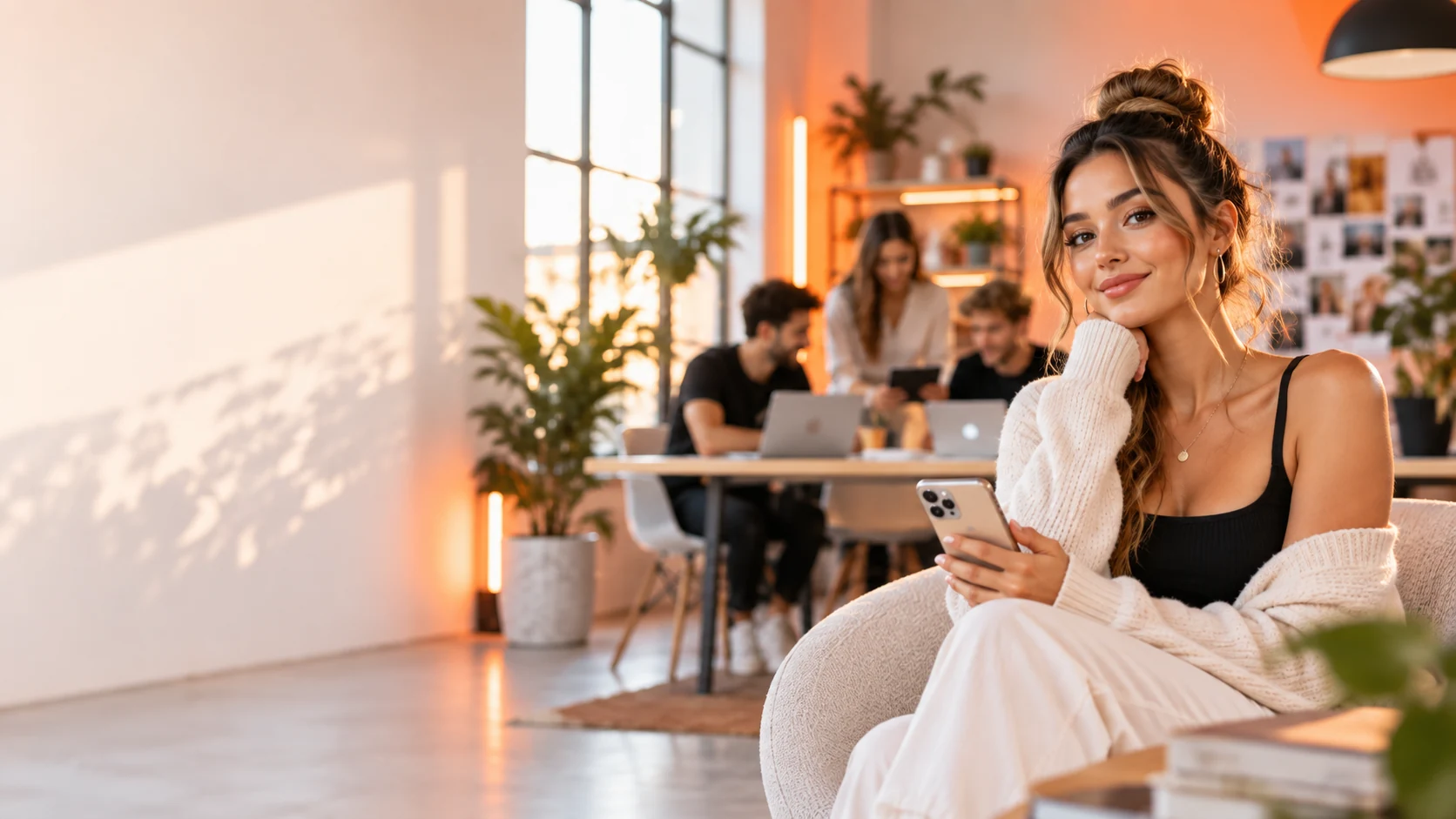 Creatorin mit Smartphone vor einer geplanten 4Based Boost-Kampagne